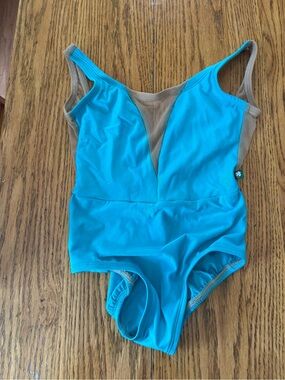 Luckyleo Girls' Teal Dance Leotard with Nude Mesh Inset